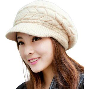 〽️Women’s Beige Winter Warm Knit Wool Snow Ski Hat with Visor